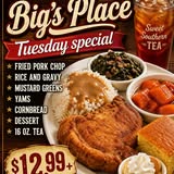 Tuesday special plate — fried pork chop with rice and gravy, mustard greens, yams and cornbread beside a glass of sweet tea