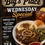 Wednesday special plate — hamburger steak with grilled onions and gravy, mashed potatoes, green beans and a roll