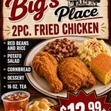 Fried chicken plate — two pieces of fried chicken with red beans and rice, potato salad and cornbread
