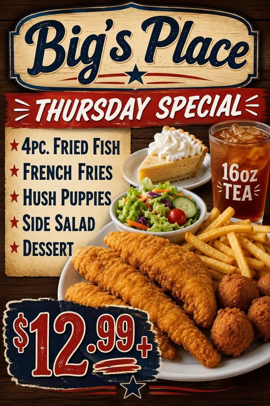 Thursday special plate — four-piece fried fish with french fries, hush puppies and side salad